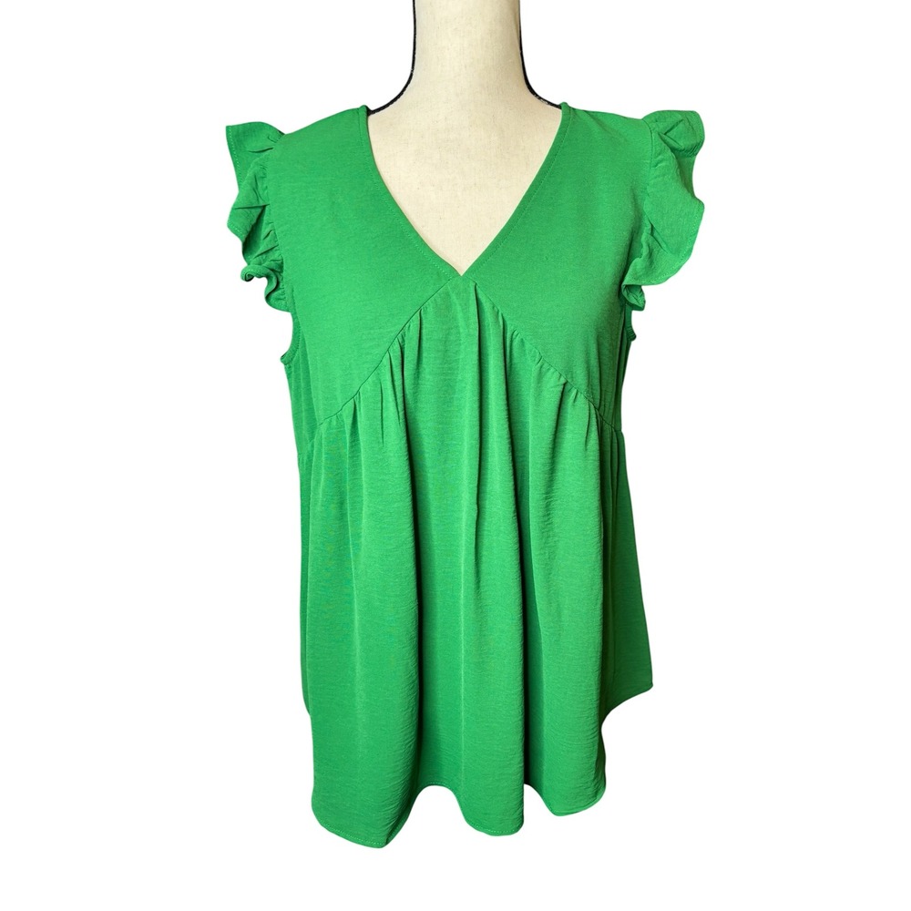 Kelly Green Ruffle Cap Sleeve Babydoll V-Neck Blouse Top Large Summer V Neck